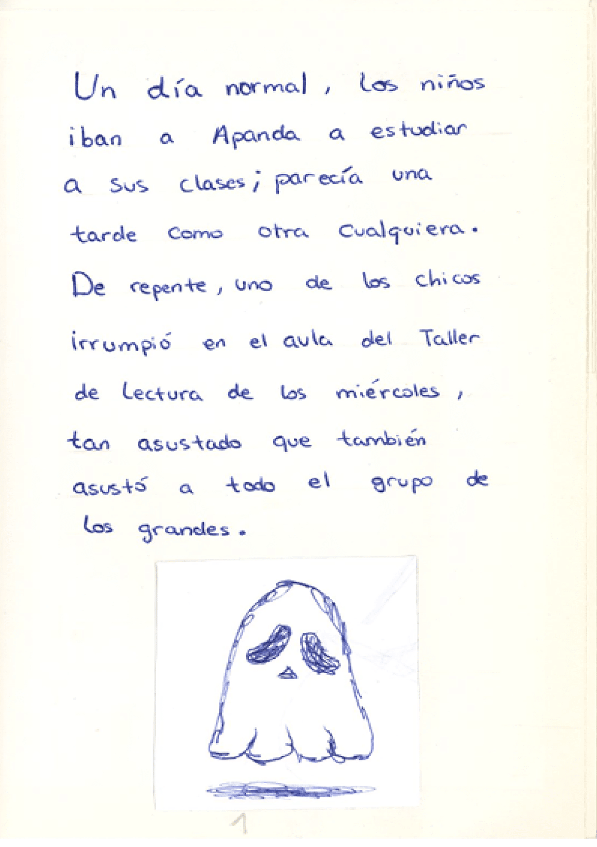 En la imagen hay un dibujo hecho a mano con bol grafo azul. El dibujo muestra un peque o fantasma con forma redonda y con una s bana blanca flotando en el aire. El fantasma tiene dos ojos grandes y ca dos, que parecen un poco tristes, y una boca muy peque a en forma de tri ngulo. Debajo del fantasma se ve una sombra, como si estuviera flotando un poquito sobre el suelo. 