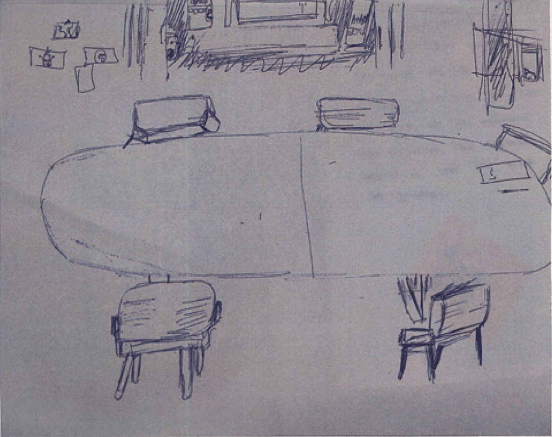 En la imagen hay un dibujo hecho con bol grafo Se ve una mesa muy grande y alargada y ovalada. Alrededor de la mesa hay varias sillas, algunas a los lados y otras en los extremos. Las sillas parecen simples y est n dibujadas con pocos detalles. Sobre la mesa no hay objetos, est vac a. A un lado de la imagen, fuera de la mesa, hay papeles sueltos en el suelo, como si fueran dibujos o notas.  Tambi n se ve un mueble o estante con cosas encima, pero est  dibujado de forma sencilla, como a mano alzada. 