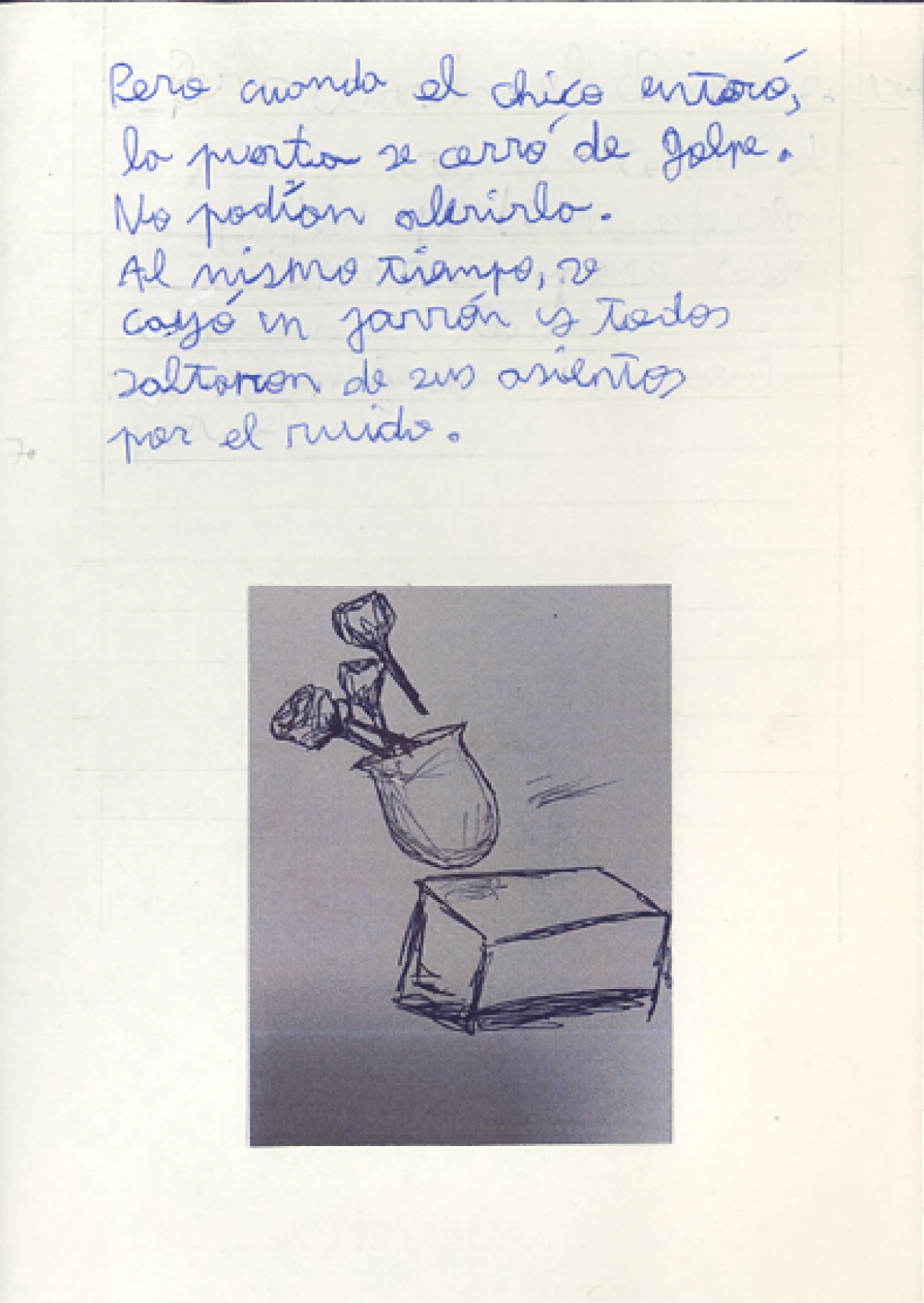 Dibujo hecho a mano en boligr fo azul, en el que se representa un gran jarr n que se cae de una mesa. El jar n tiene 3 flores similares a rosas. La mesa se representa solo la silueta como un rect ngulo.