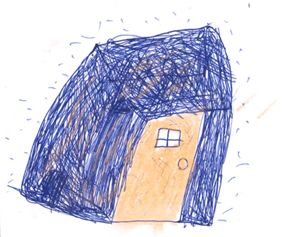 Dibujo hecho a mano con bili azul en el que se representa una gran casa azul, con puerta marr n. El dibujo est coloreado.