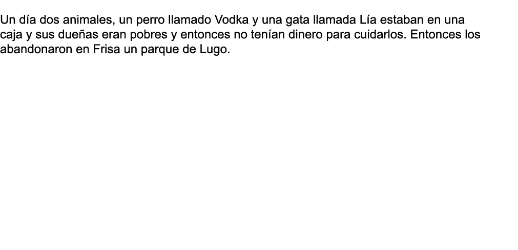  Un día dos animales, un perro llamado Vodka y una gata llamada Lía estaban en una caja y sus dueñas eran pobres y en   