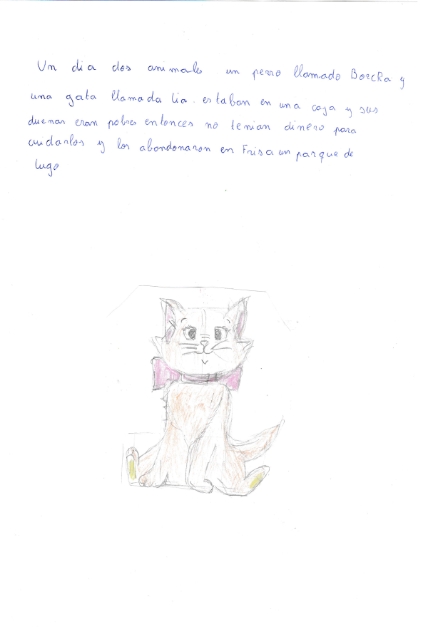 dibujo infantil de un gato blanco, sentado y con un lazo rosa en el cuello
