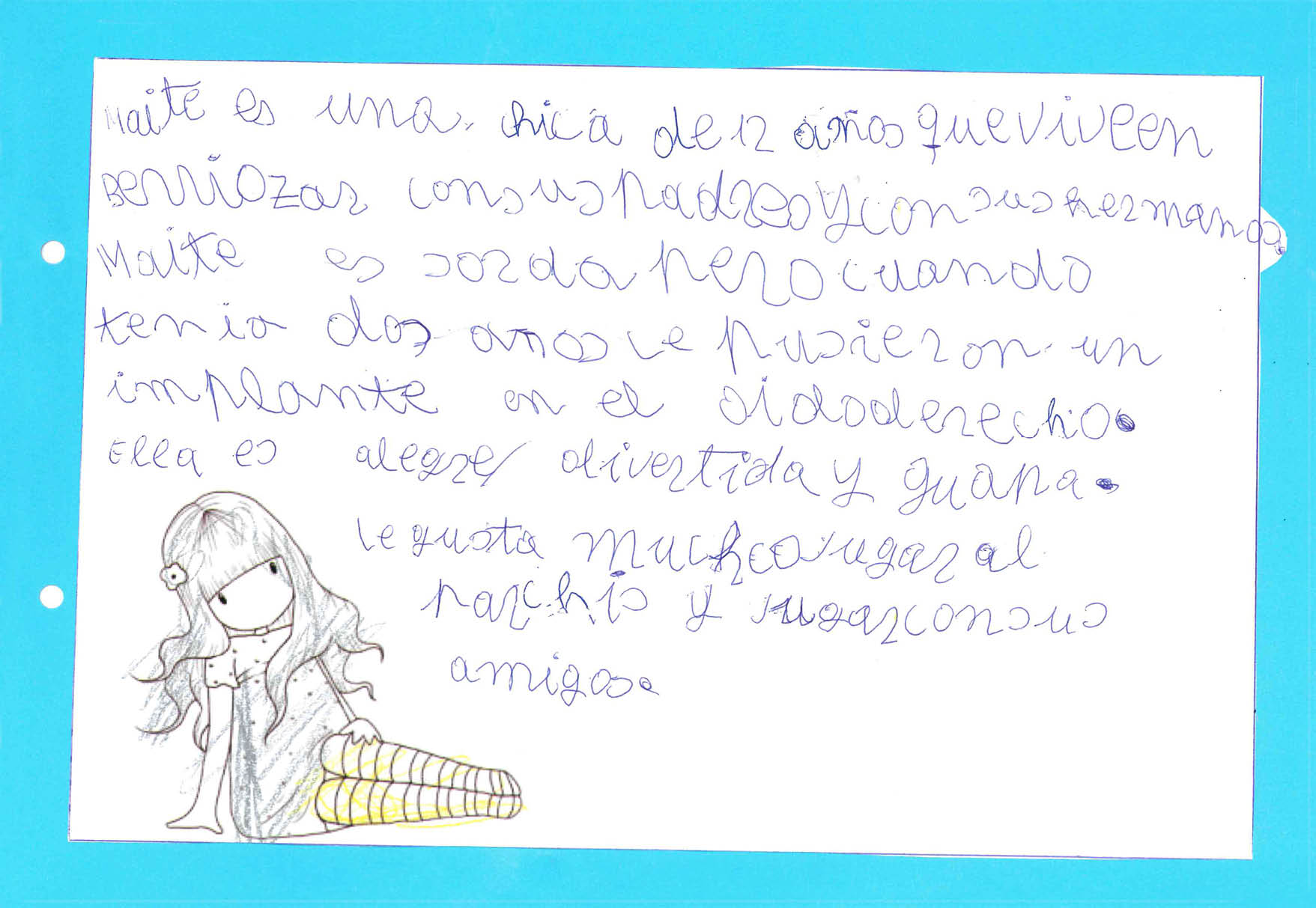 Dibujo de Maite sentada con las piernas hacia un lado  Lleva puesto un vestido con lunares y medias amarillas