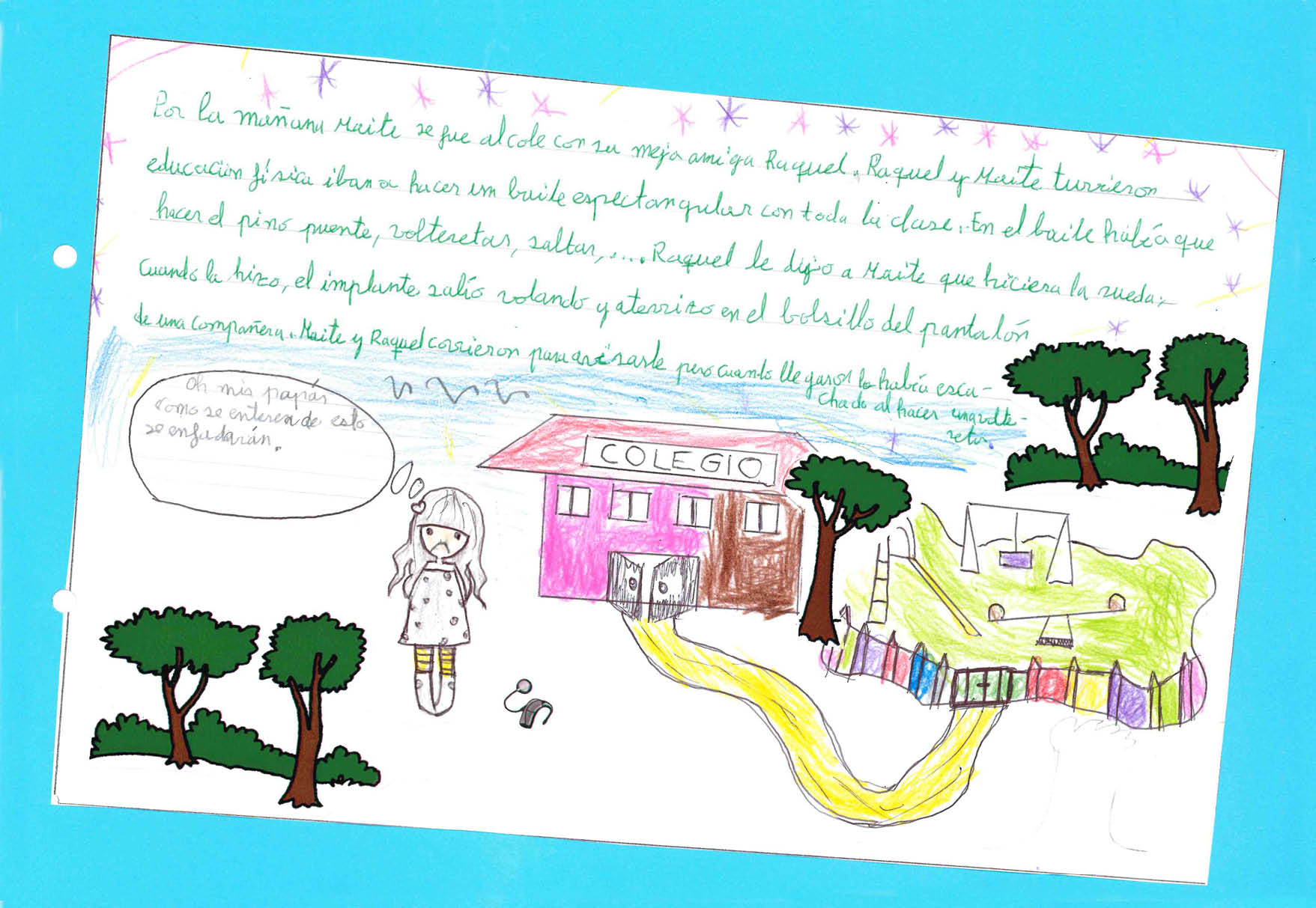 Dibujo de Maite que est  de pi  pensando con el implante coclear en el suelo  y al lado el dibujo de un colegio y un camino que conduce a un parque de columpios y balanc n  Aparecen tambi n dos  rboles al lado de la ni a y tres cerca del parque 