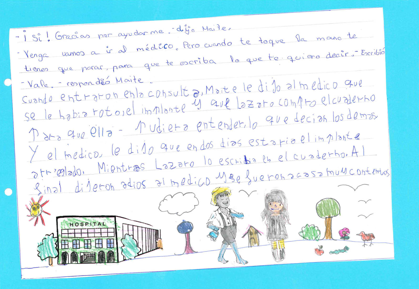 Dibujo de Lazarillo andando y Maite de pi  al lado y sonriendo  Y detr s de los dos personajes hay un dibujo de un hospital  varios  rboles  el dibujo de una casa y un pato 