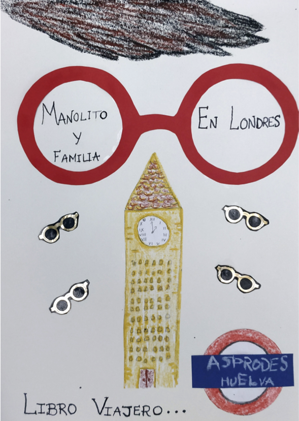 Dibujo infantil de unas grandes gafas rojas, que enmarcan el título del cuento, en la parte inferior a los lados hay dibujadas otras dos gafas más pequeñas, a cada lado, de color dorado y en la parte central hay dibujada un agran torre con un reloj en la parte superior, con la fachada de amarillo y el techo marrón, representando al Big Ben de Londres 