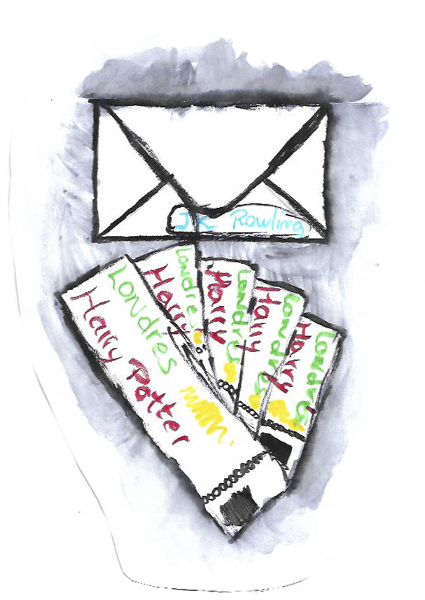 Dibujo infantil de un sobre blanco y en la parte inferior hay 5 entradas en las que pone ondres y Harry Potter con letras de colores 