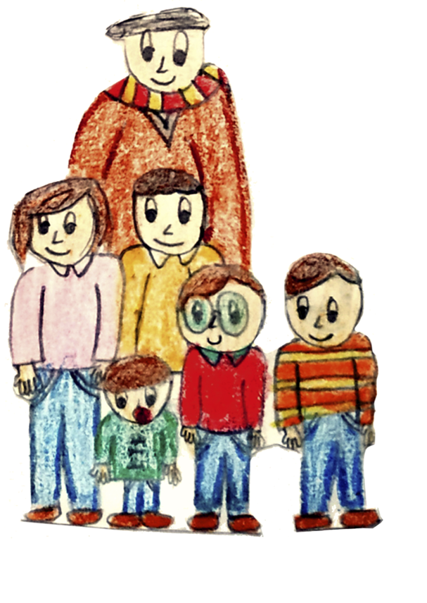 Dibujo infantil que representa a la familia de Manolito de pie y de frente, hay 6 personas dibujadas  La del fondo, y muy alta es un hombre grande con boina de colores y bufanda  Después a la misma altura hay un dibujo de una mujer y un hombre, ambos con la misma camisa pero de distinto color y al frente 3 niños, el del medio parece representar a Manolito, lleva camiseta roja, pantalón azul y sonríe  A su derecha hay dibujado otro niño con un jersery a rayas amarillas y naranja y pantalón azul, representando al hermano mayor, y a la derecha aparece dibujado el hermanito pequeño lleva un jersey verde y pantalones azules 