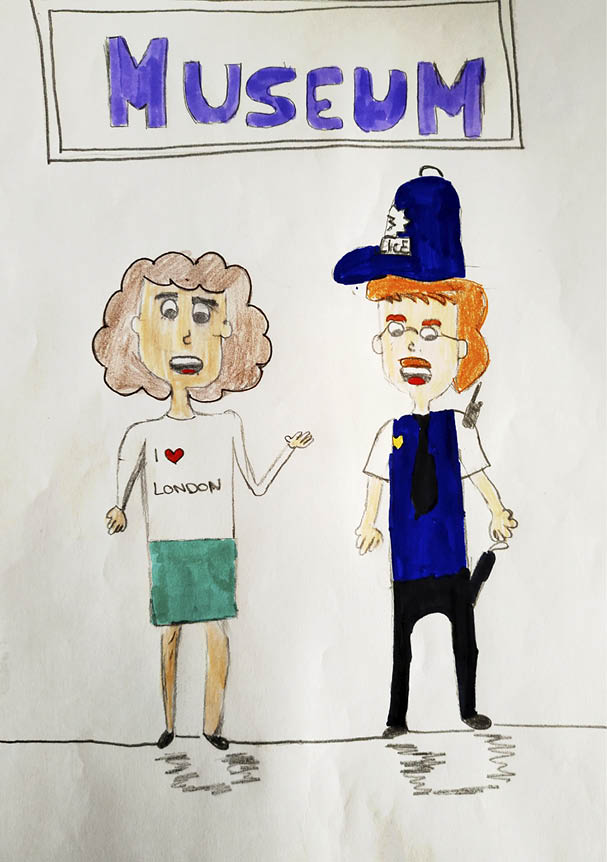 Dibujo infantil en el que se representa la madre de Manolito hablando con una policía  La madre está a la izquierda, lleva una camiseta blanca en la que pone  I Love Londres  y una falda verde  La policía parace una mujer, con el pelo naranja, gafas, gorra de policía azul y uniforme con chaqueta azul y pantalón blanco 