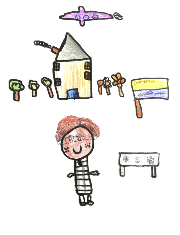 Dibujo infantil de Manolito sonriendo, en la parte superior del dibujo hay representada una casa, árboles a los lados y en el cielo un avión de color morado volando  Hay un cartel a la derecha en el que pone sorpresa abuelo 