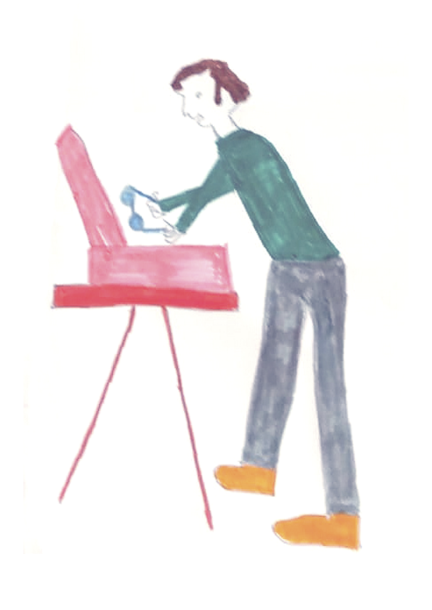 Dibujo infantil de Manolito de perfil, dejando las gafas en lo que parece ser una mesa de color rojo