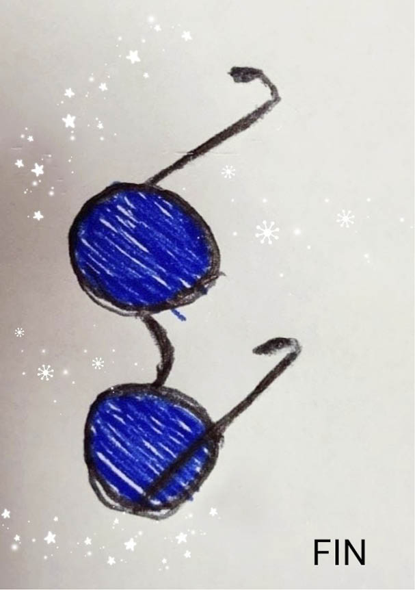 Dibujo infantil de una gafas azules a página completa  El fondo en el que están las gafas es gris con pequeñas estrellas blancas a la izquierda 