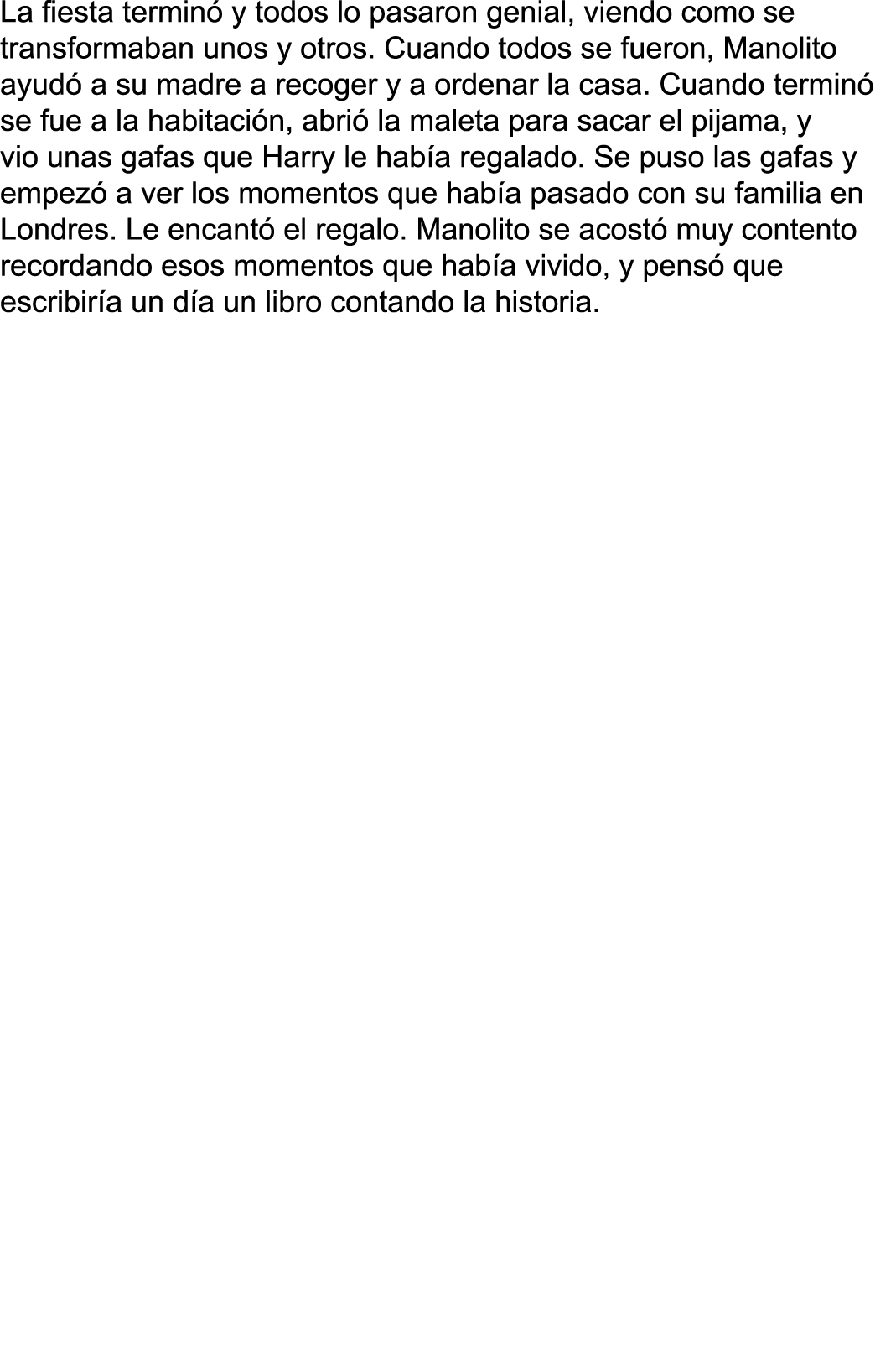 La fiesta terminó y todos lo pasaron genial, viendo como se transformaban unos y otros  Cuando todos se fueron, Manol   