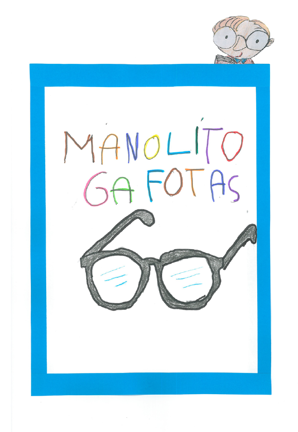 En la portada hay un dibujo infantil de Manolito en la parte superior sonriendo y sosteniendo un libro  El título aparece en un recuadro en azul y hay un dibujo infantil de unas gafas 
