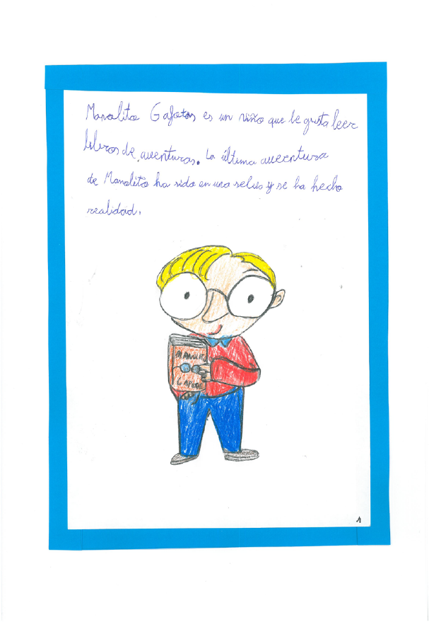 dibujo que ocupa gran parte de la página en el que se representa Manolito de pié sosteniendo un libro  Manolito tiene el pelo rubio, sonríe y viste un pantalón azul y camisa roja 