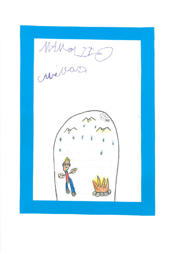 dibujo infantil de Manolito de pié mirando de frente y a su lado hay una hoguera encendida  Al fondo se representan montañas, con cara sonrientes 