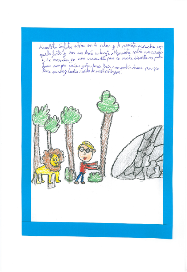 Dibujo infantil en el que Manolito está andando por la selva  Se representan 4 árboles, dos arbustos y a la derecha una gran piedra  A la izquierda de Manolito hay dibujado un león de color amarillo y con melena marrón 