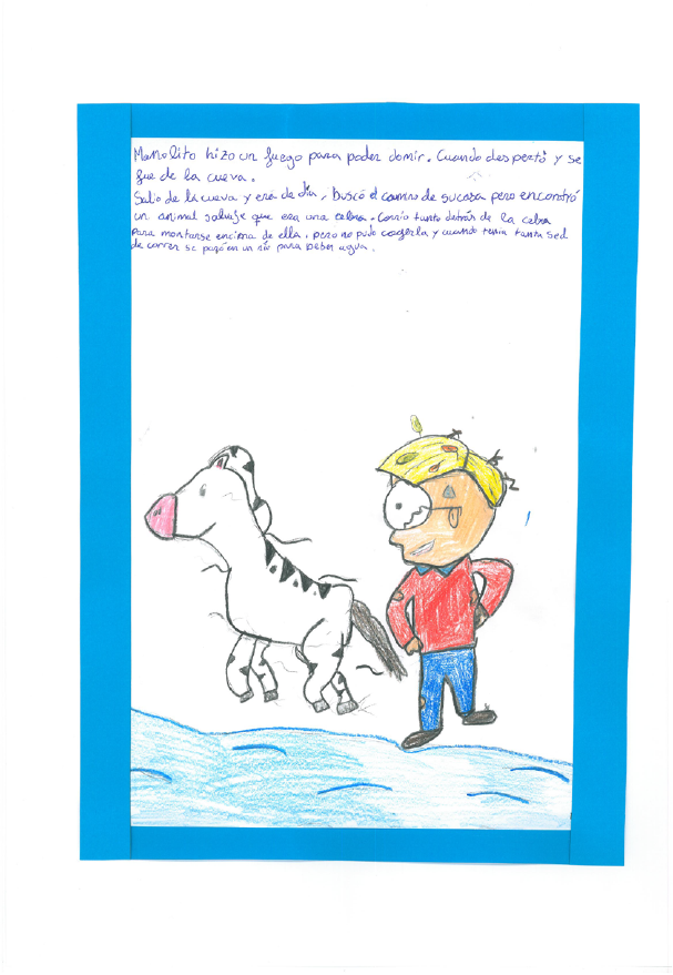 Dibujo infantil en el que aparece Manolito mirando a una cebra, la cebra se representa corriendo y Manolito mira sonriente y su cabeza está cubierta de hojas de los árboles 