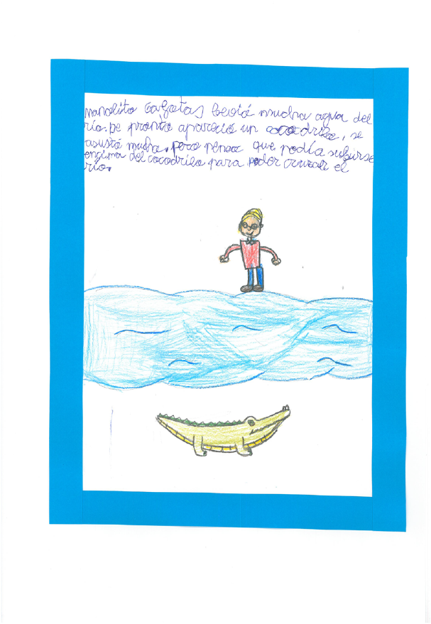 Dibujo infantil de Manolito en un lado del río mirando al otro lado, en el que hay un cocodrilo fuera del agua 