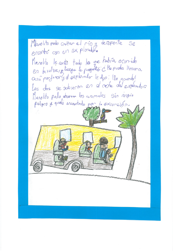En esta página se representa un coche tipo furgoneta en el que se ve el interior del mismo, y montados en él está el conductor con un sombrero y tres niños sentados en asientos, uno de ellos Manolito  También hay dibujados dos árboles, uno al fondo en el que se apoya un pájaro, con un gran pico de colores, similar en apariencia a un tucán  Y en la parte de la derecha 