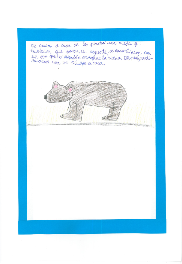 Dibujo infantil de un gran oso pardo, el oso está sobre las cuatro patas y sonríe 
