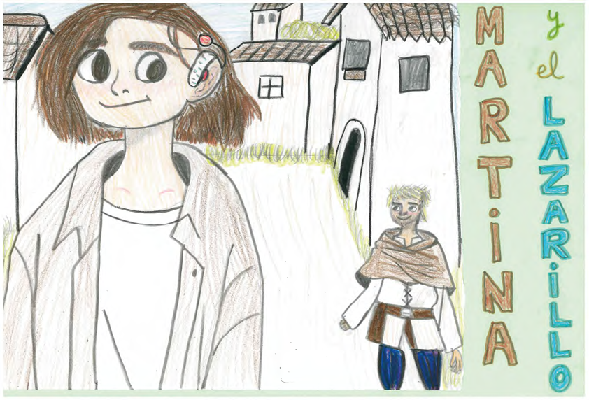 La portada es un dibujo hecho con l pices de colores. Muestra dos personajes en un entorno medieval con casas blancas de techos de tejas marrones en el fondo. En la parte izquierda y delantera de la imagen, est Martina con cabello casta o corto y despeinado, ojos grandes y redondos, y sonr e. Tiene la piel clara y cejas gruesas. En su oreja izquierda lleva un implante coclear, con un procesador de color blanco y un im n rojo. Viste una camiseta blanca debajo de una chaqueta larga de color beige y su ropa es de estilo moderno. Detr s del primer personaje, al fondo, se ve al Lazarillo con un estilo m s medieval. Tiene el pelo corto y rubio despeinado y tiene barba. Lleva una camisa blanca con cordones en el pecho, un cintur n ancho marr n, pantalones de color azul y botas altas. Sobre los hombros tiene una capa marr n. Su postura es relajada, con un brazo extendido. Al fondo hay un peque o pueblo con casas blancas de paredes lisas y techos de tejas marrones. Algunas casas tienen ventanas y puertas enmarcadas en negro. Los edificios crean un camino que se extiende hacia la profundidad de la imagen. Hay vegetaci n en el suelo con trazos de color verde, representando c sped. El cielo es de un tono celeste claro. 