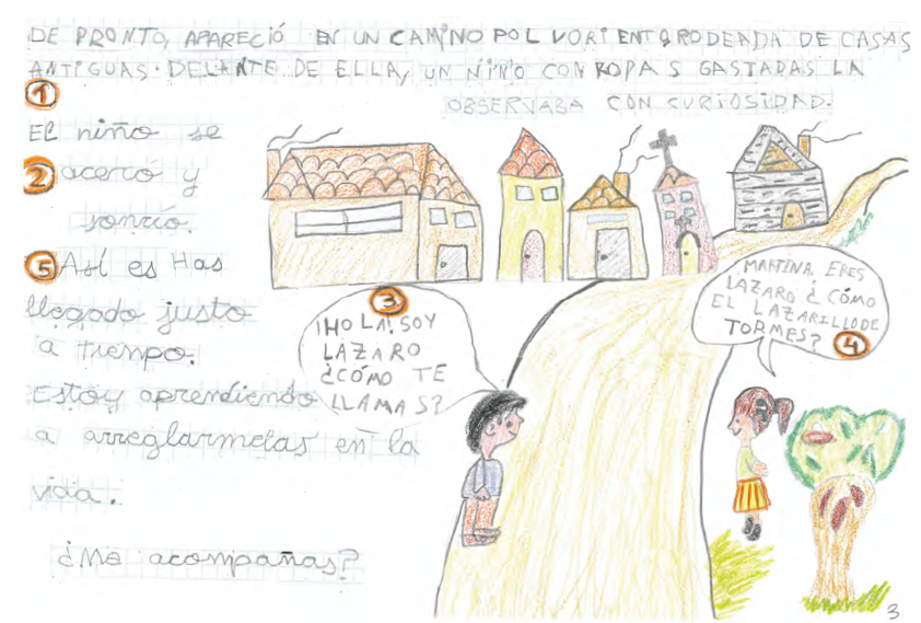 Dibujo que representa una escena en un camino de tierra color amarillo claro. A los lados del camino est n L zaro y Martina hablando mediante globos de di logo. A la izquierda, est L zaro, representado como un ni o de pelo corto y negro, con piel clara. Lleva una camisa azul y pantalones naranjas.  A la derecha, aparece Martina de pelo casta o y con coleta. Martina sonr e y lleva una blusa blanca y una falda de color naranja con franjas rojas. El fondo muestra un peque o pueblo con varias casas de diferentes tama os y formas. Las casas est n coloreadas en tonos beige y amarillo, con techos rojos y marrones. Algunas tienen chimeneas con humo saliendo. Hay una iglesia  peque a con un techo gris y una cruz en la parte superior. A la derecha de la ni a hay un  rbol que tiene una copa de color verde con algunas sombras marrones 