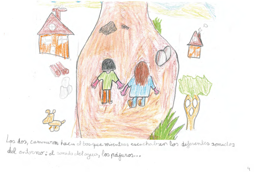 Dibujo infantil que representa a dos ni os caminando de la mano por un camino de tierra de color marr n claro, con algunas piedras y sombras . Los ni os est n dibujados de espaldas. El ni o de la izquierda tiene el pelo negro y corto, lleva una camiseta verde con mangas cortas y pantalones naranjas. La ni a de la derecha tiene el pelo largo y casta o, una camiseta de manga corta y pantalones azules y zapatos marrones.  En el camino a la izquierda, hay un dibujo una casa de color naranja con techo rojo y una chimenea de la que sale humo. La casa tiene una ventana redonda en la parte superior y dos ventanas rectangulares abajo. Cerca de esta casa hay algunas tejas ca das y piedras blancas. Tambi n un perro de color marr n claro. A la derecha del camino hay un  rbol con un tronco marr n claro y una copa verde con huecos. M s atr s, hay otra casa m s peque a, tambi n de color naranja con techo rojo. Encima de esta casa hay una nube. 