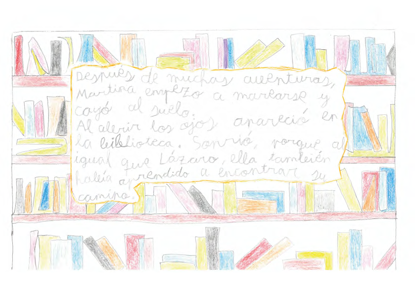 Dibujo que representa una biblioteca llena de libros en estanter as. Los libros est n dibujados en diferentes colores, amarillo, azul, rosa, naranja y gris.., En el centro de la imagen hay un gran recuadro y dentro est  el texto escrito
