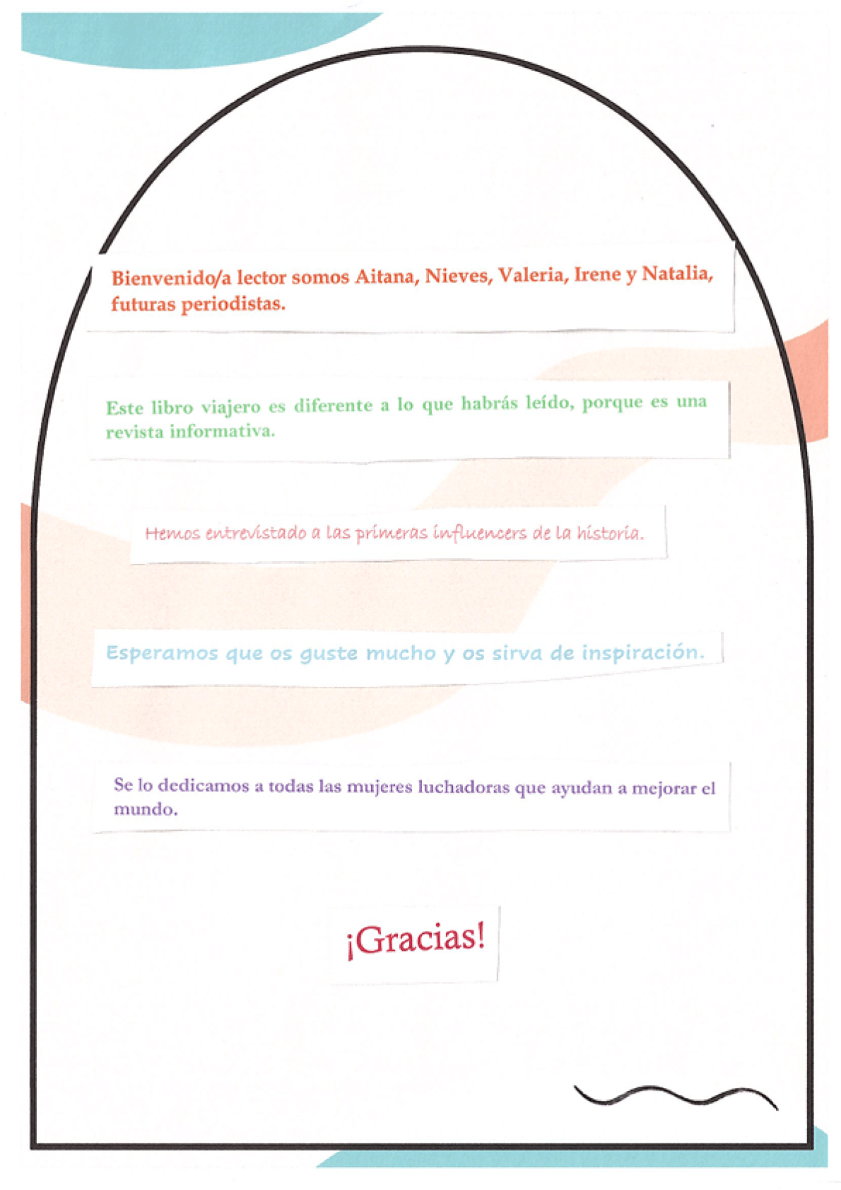 La p gina contiene un texto de presentacion de las autoras dentro de un marco semicircular.