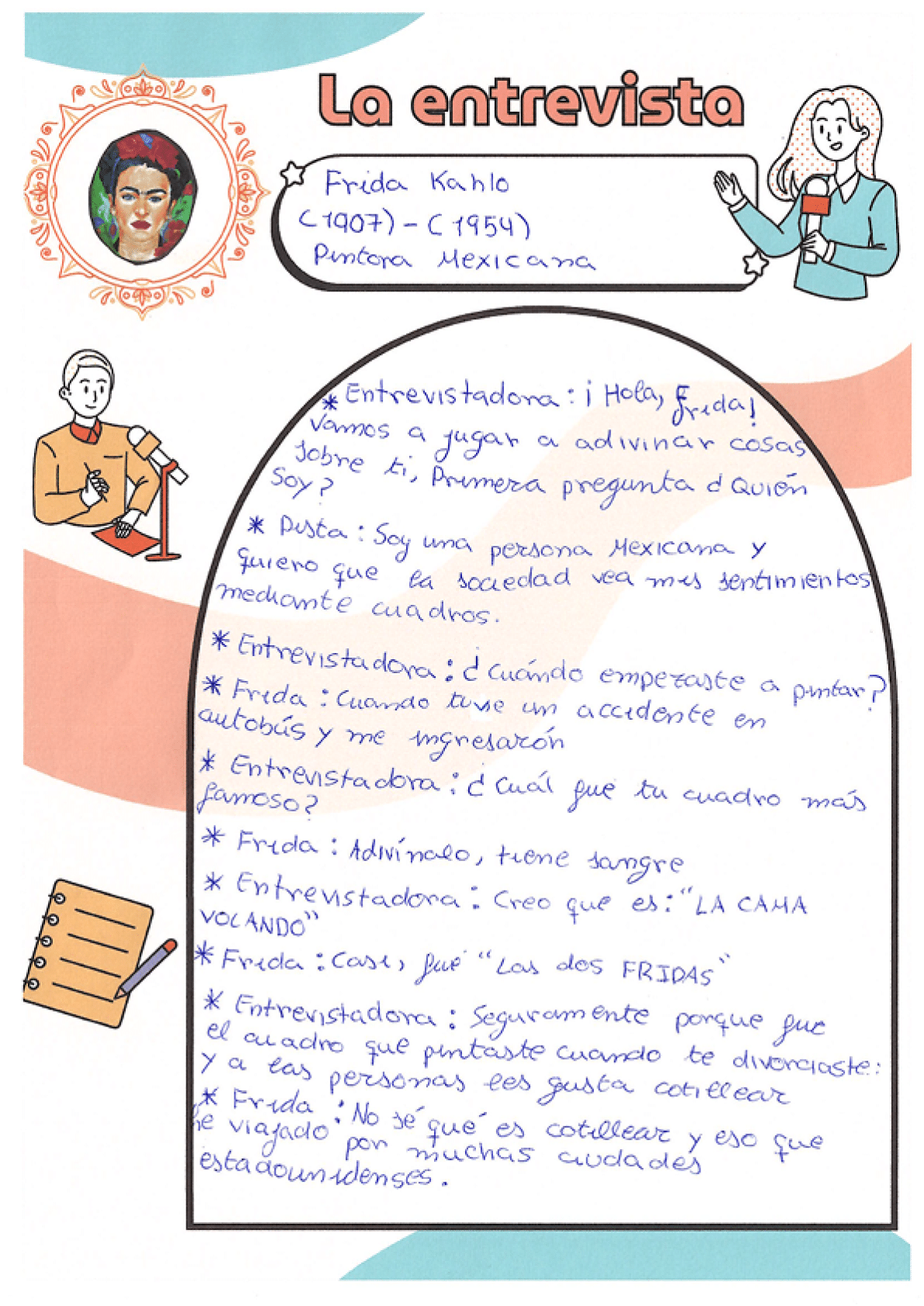 La p gina presenta otra entrevista ilustrada. En la parte superior aparece un retrato enmarcado de Frida Kahlo con el pelo recogido y con un gran lazo rojo propio de finales del siglo 19. A la derecha se ve el t tulo “La entrevista”, seguido del nombre Frida Khalo. En los m rgenes hay dibujos simples: una persona escribiendo en un cuaderno, una reportera con micr fono y un cuaderno con un l piz. Dentro del marco semicircular, adem s del texto de preguntas y respuestas. La entrevista continua en la p gina siguiente.