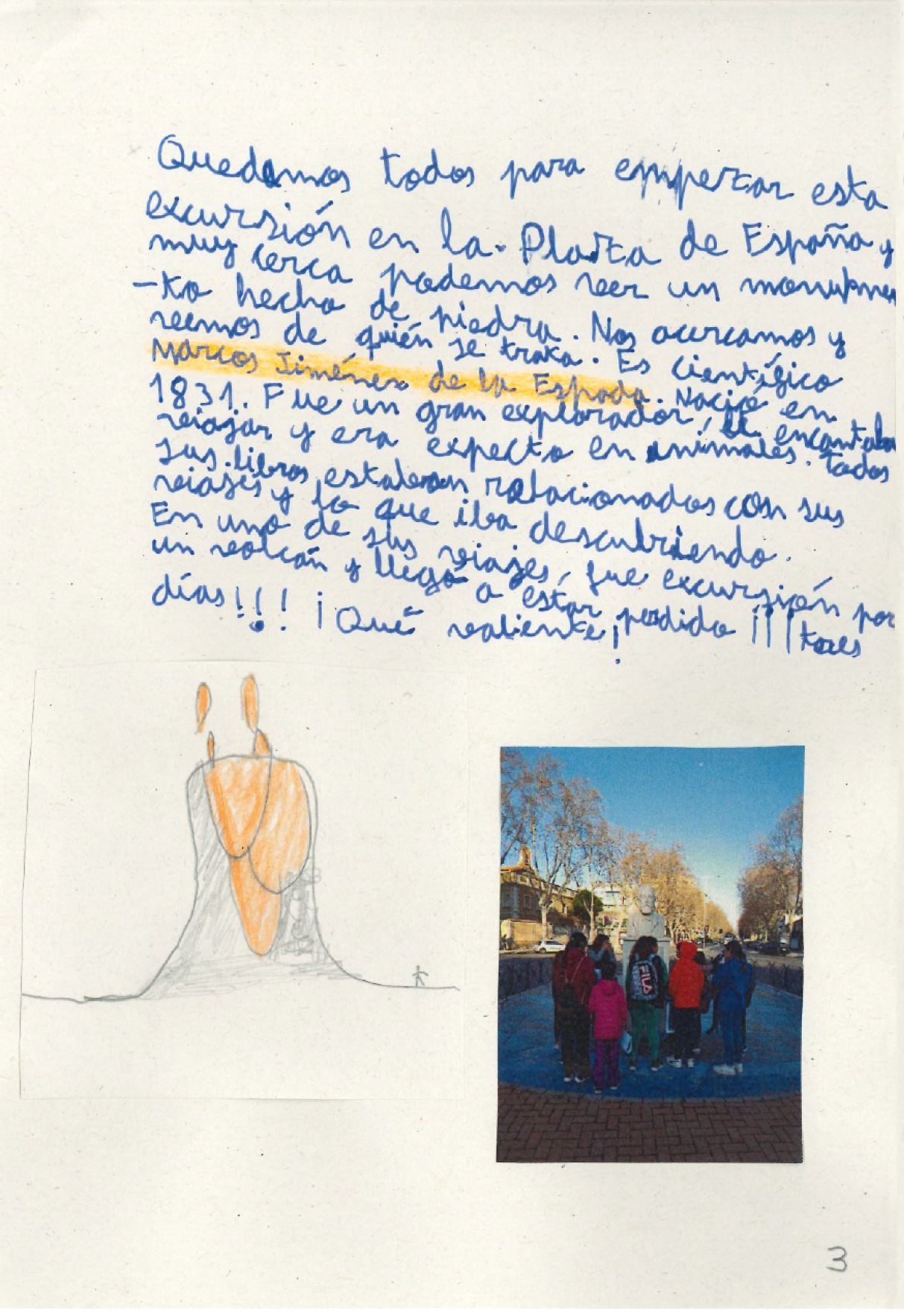 dibujo en gris y naranja simulando el monumento de piedra ubicado en la Plaza Espa a. Y a la derecha fotograf a en color de 8 excursionistas, vestidos con ropa de abrigo, mochilas y c mara de fotos.., est n observando el monumento a Marcos Jim nez de la Espada