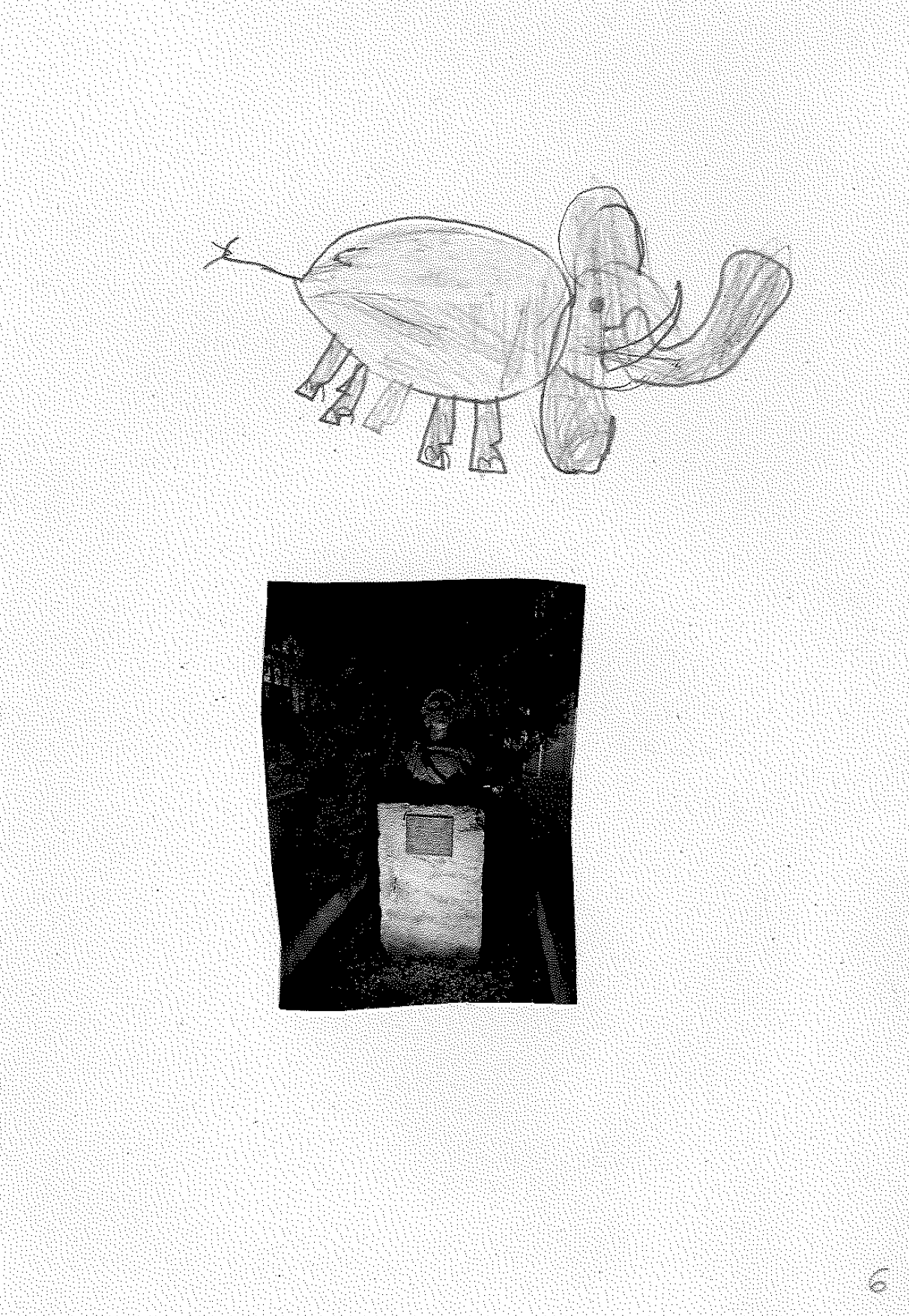 dibujo infantil de un elefante gris con su trompa, orejas y colmillos grandes. En la parte inferior del dibujo apreciamos una foto en blanco y negro de la estatua de An bal, general y guerreo Cartagin s que cruz los Alpes con 38 elefantes