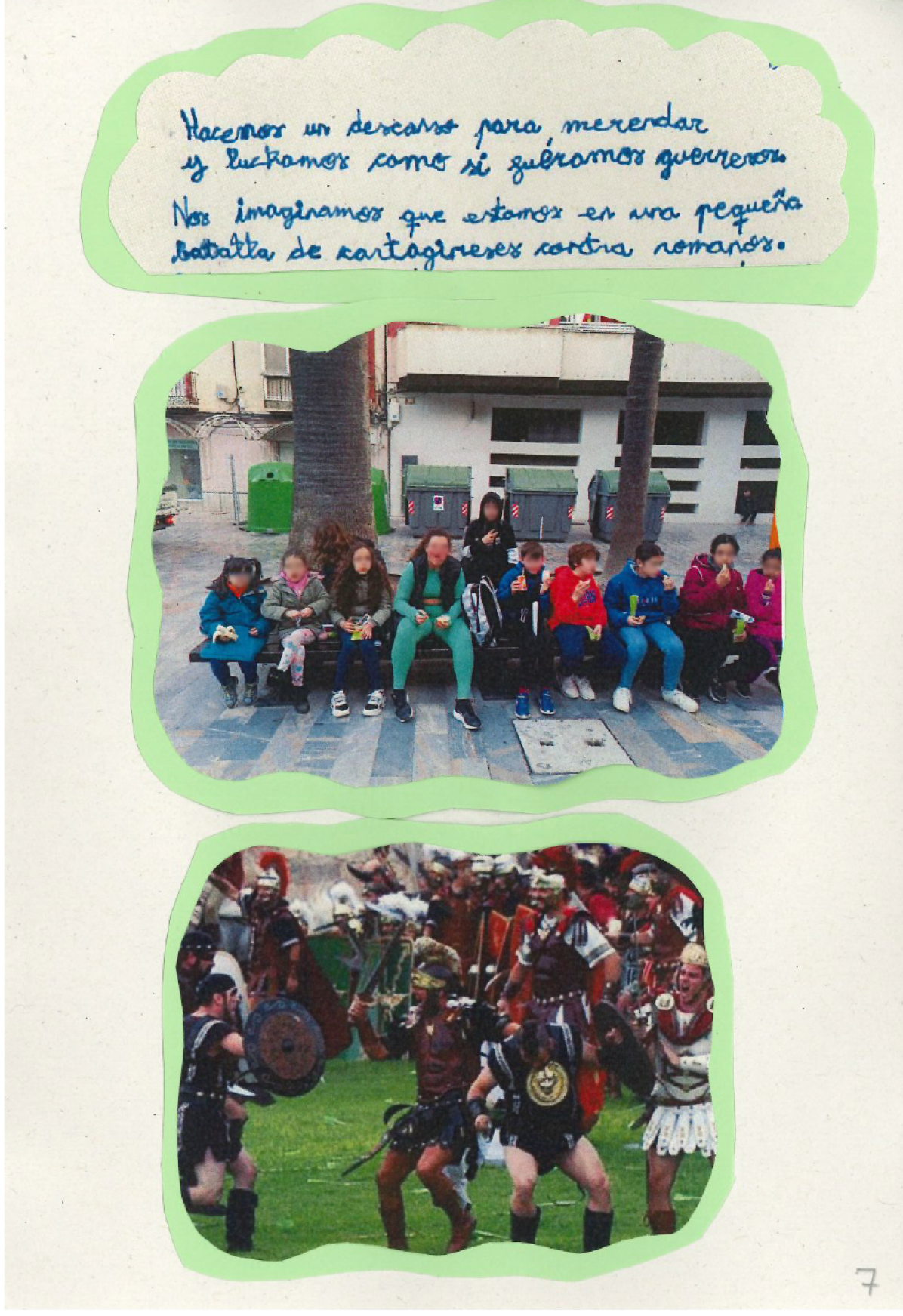 Texto manuscrito y dos fotograf as. En la primera aparece un grupo de 10 excursionistas y su monitora, sentados en un banco de madera junto a dos troncos de rboles. Se les ve, merendando y muy abrigados por ser una tarde de fr o. En la fotograf a de abajo vemos la representaci n de una peque a batalla de cartagineses contra moros ataviados con sus “escudos, espadas, cascos y protecciones
