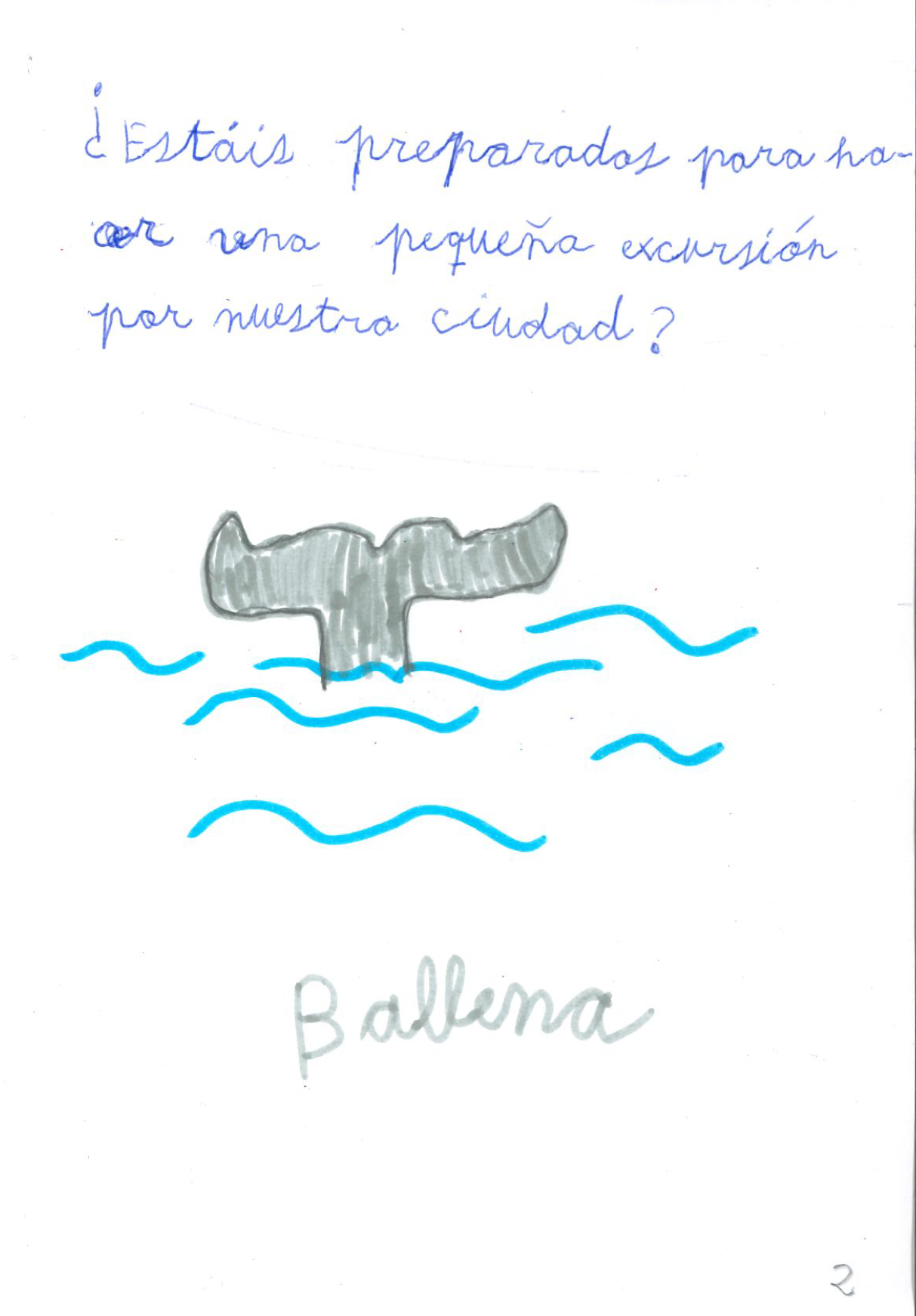 dibujo infantil simulando olas con l neas azules y la cola de una ballena gris ya zambullida en el agua 