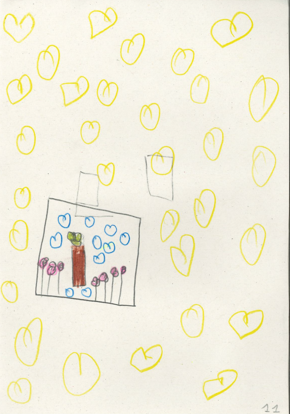 dibujo de un rbol de tronco marr n y copa verde con tres rosas rojas a la izquierda y cuatro rosas rojas a la derecha, rodeados de corazones azules y recuadrado. Fuera del cuadro est n pintamos muchos corazones amarillos envolviendo el dibujo