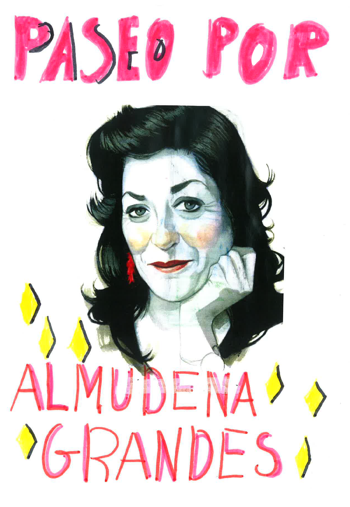 En la portada aparece un dibujo elaborado de Almudena Grandes, con el pelo largo negro y con expresi n pensativa, tiene la cara apoyada en su mano izquierda. El dibujo est en el centro el t tulo, que est  elaborado con letras grandes y rojas, tambi n hay 7 rombos amarillos decorando la parte inferior de la portada 