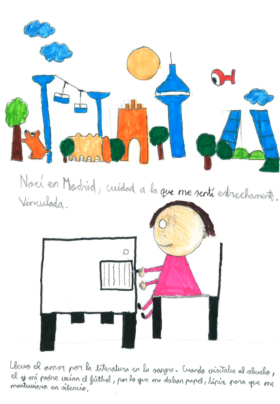 hay representado en la parte de arriba un dibujo infantil de la ciudad de Madrid, a la derecha aparece el dibujo de oso y el madro o, en el centro un dibujo de lo que parece ser el telef rico, al centro un castillo y el Pirul , y en la parte de la izquierda unas torres y un helic ptero en el cielo. En la parte central hay un dibujo infantil de una ni a sentada en una silla y escribiendo. 