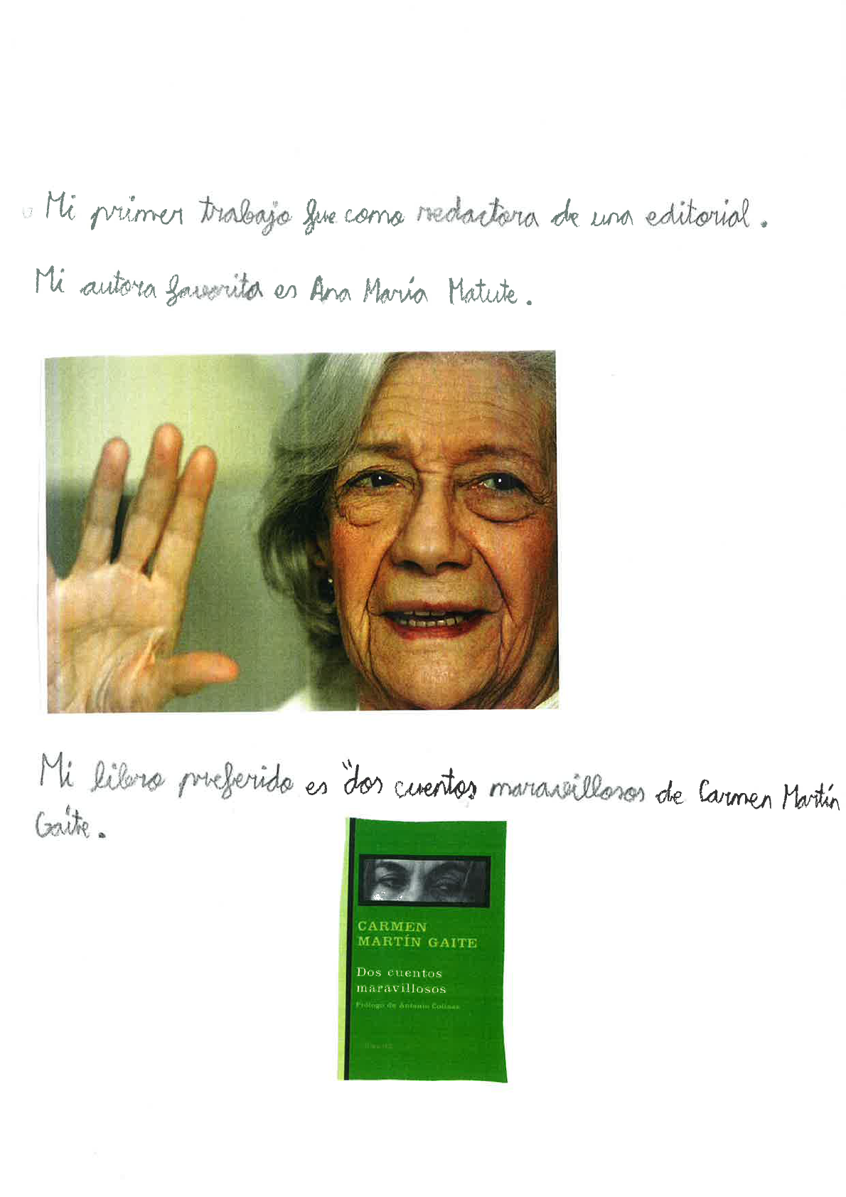 hay una fotograf a del rostro de Ana Mar a Matute, ya en edad avanzada y saluda con la mano. En la parte inferior de la p gina est la portada del libro “Dos cuentos Maravillosos”. La portada es verde, aparece una foto de los ojos de una persona en blanco y negro y debajo el t tulo.