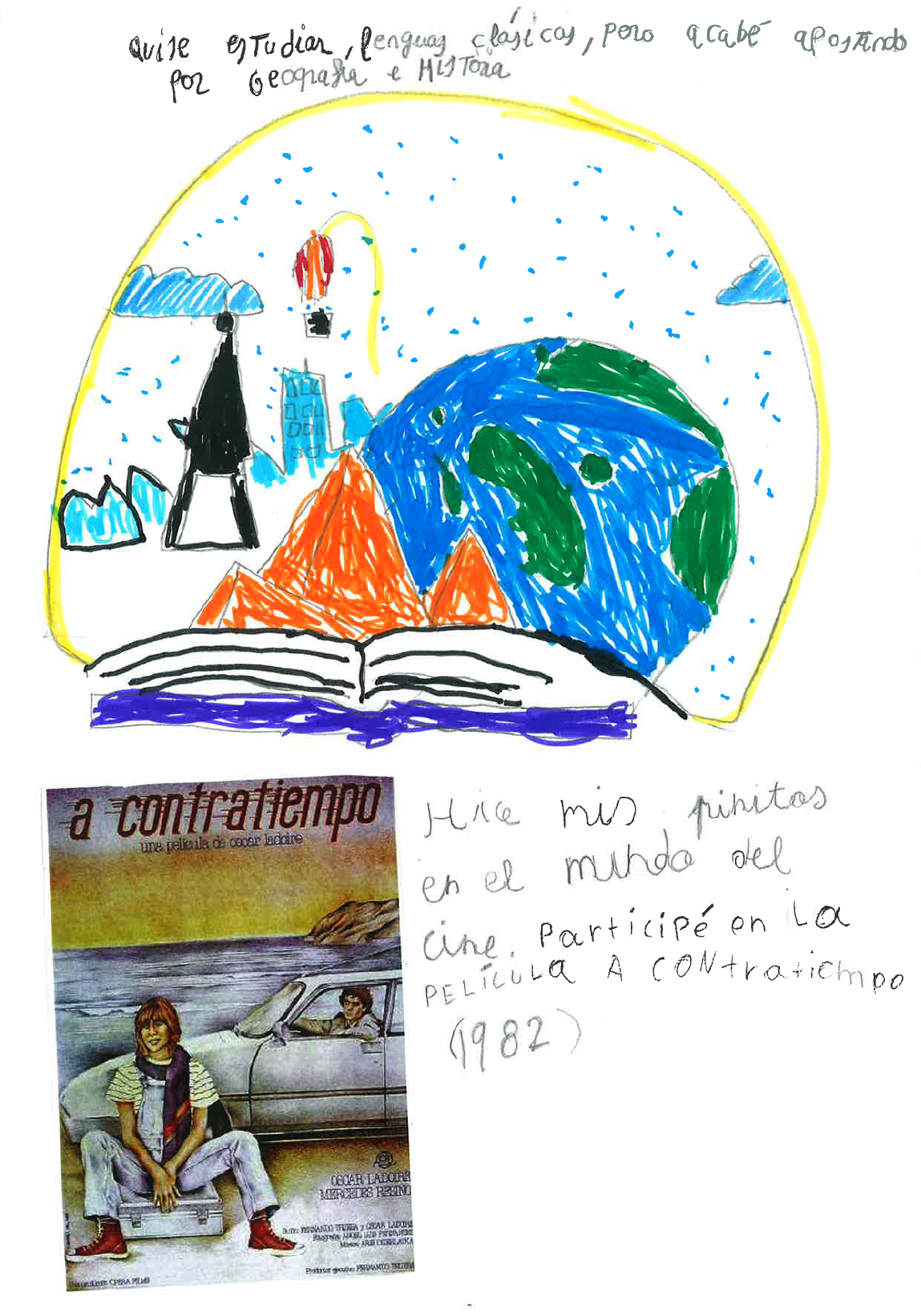 dibujo infantil ocupando la mitad de la p gina, en el que se representa el globo terr queo, monta as, mar y edificios. En la parte inferior est el cartel de la pel cula “A contratiempo”, en la que aparece sentada una mujer sobre una maleta y sonriendo y detr s un hombre en un coche mir ndola