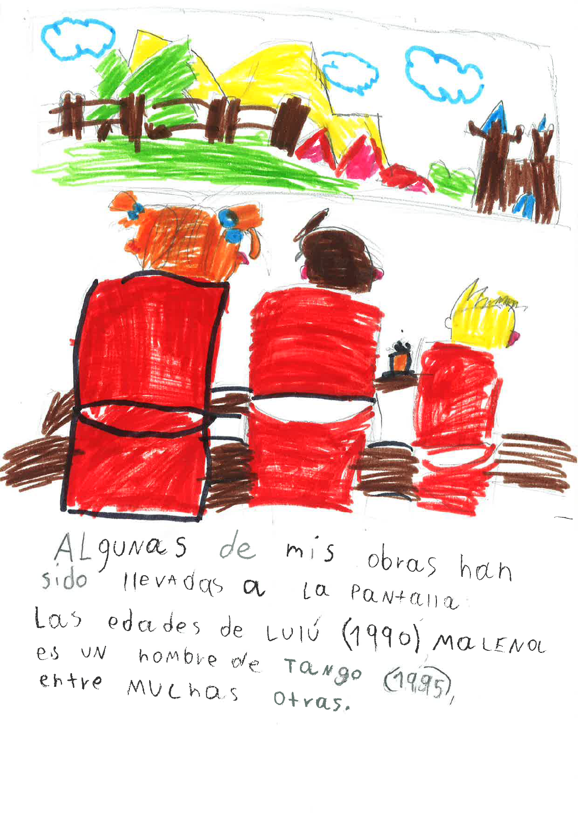 dibujo infantil que ocupa la mayor a de la p gina. En este dibujo se representa a tres ni os sentados de espaldas, que miran un paisaje con monta as y rboles. La ni a de la izquierda parece lleva un implante coclear, y el ni o o ni a de la derecha un aud fono en su o do derecho