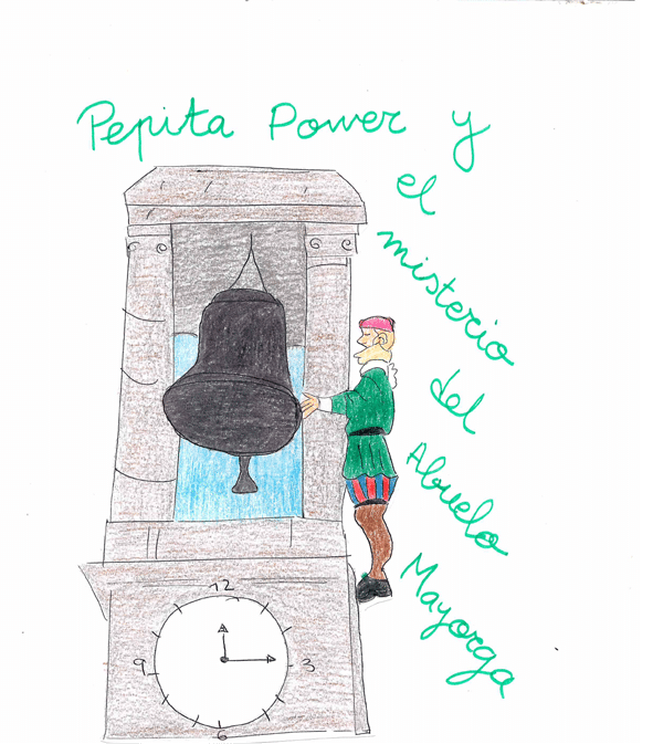 La portada es una ilustraci n hecha a mano con colores, del libro titulado “Pepita Power y el misterio del Abuelo Mayorga”. El t tulo est escrito en letras verdes y a mano y se distribuye alrededor de la imagen principal. El dibujo representa una gran torre de reloj de piedra que incluye columnas y una gran campana negra en el centro. Debajo de la campana, en la parte baja de la torre, hay un reloj con una esfera blanca y n meros negros. Las manecillas del reloj marcan las 3 en punto. A la derecha de la campana, un personaje est  subiendo o apoy ndose en la estructura de la torre. Se trata de un personaje vestido con ropa medieval, que lleva una camisa verde con mangas largas, un cintur n negro, pantalones de rayas rojas y azules, medias marrones y zapatos negros. Lleva tambi n un gorro rojo y tiene una expresi n concentrada mientras sostiene una cuerda atada a la campana. El fondo de la ilustraci n es blanco.  