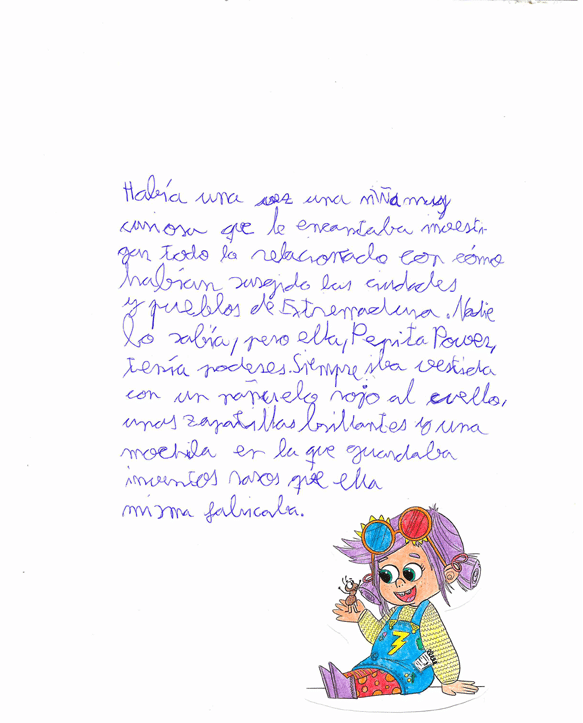 e representa un dibujo infantil en el que aparece una ni a peque a con pelo recogido en coletas a cada lado, de color morado y con aspecto despeinado. Lleva puestas en la cabeza unas gafas grandes y redondas con cristales de colores rojo uno y azul el otro. Est sonriendo y tiene los ojos grandes y brillantes. Lleva puesto un peto azul con un rayo amarillo en el centro, debajo de este lleva una camiseta de manga larga de color amarillo claro con l neas horizontales. Sus leotardos son rojos con lunares naranjas y usa botas de color lila. En su bolsillo hay un peque o cuaderno asomando. Est  sentada en el suelo con las piernas estiradas, apoyando una mano en el suelo mientras con la otra sostiene una peque a hormiga, y parece que est  hablando con ella.