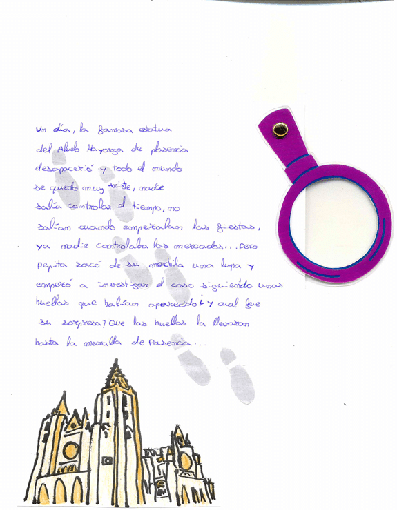 La imagen muestra un dibujo de una lupa hecha con recortes de pl stico de colores. El mango de la lupa es de color morado y tiene un peque o remache dorado en la parte superior. La imagen muestra una ilustraci n de una catedral que podr a ser de estilo g tico, dibujada con l neas negras y detalles en tonos dorados y ocres. Tiene una torre central alta y puntiaguda, adornada con peque os detalles arquitect nicos. A los lados, hay otras torres m s peque as con ventanales circulares y arcos. La base de la catedral presenta una serie de arcos y columnas. En la parte superior derecha de la imagen, hay dos huellas grises que parecen marcas de pisadas. El fondo es blanco