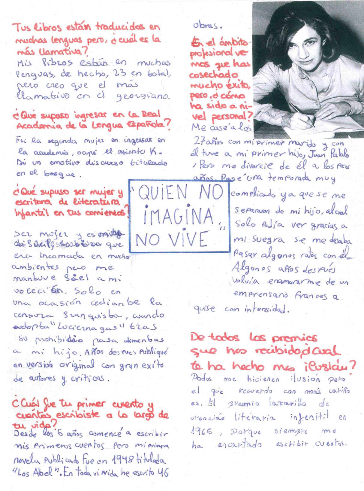 foto en blanco y negro de una joven Ana Mar a Matute, sentada con camisa blanca y escribiendo en un libro. 