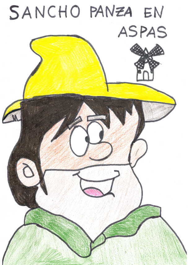 Dibujo representado la cara y parte del tronco de Sancho Panza sonriendo, con gorro amarillo y camisa verde   En la parte superior de la hoja hay un dibujo de un peque o molino 
