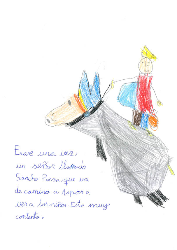 Dibujo de Sancho Panza montando a caballo sonriente  Viste de rojo con pantal n de dos colores   El caballo es de color gris y la cabeza marr n con lo que parece un accesorio para las orejas y el cuello de colores 