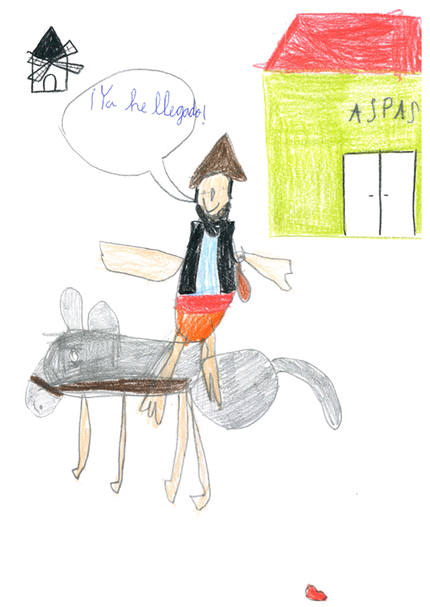 Dibujo de Sancho Panza montando a caballo y con otra vestimenta diciendo  Ya he llegado   En la parte superior derecha hay dibujada una casa en la que pone ASPAS y a la izquierda un peque o molino dibujado 