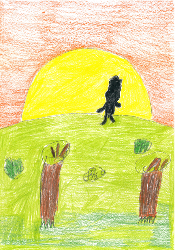 Dibujo de una puesta de Sol con una figura de Don Quijote y Sancho Panza abraz ndose 