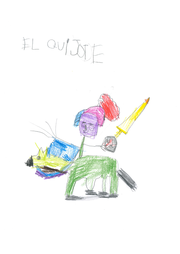 Dibujo muy colorido de Don Quijote montado a caballo con su lanza 